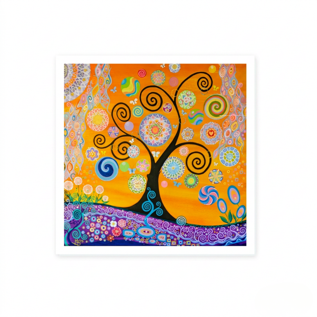 Colourful abstract artwork with a tree design on an orange background