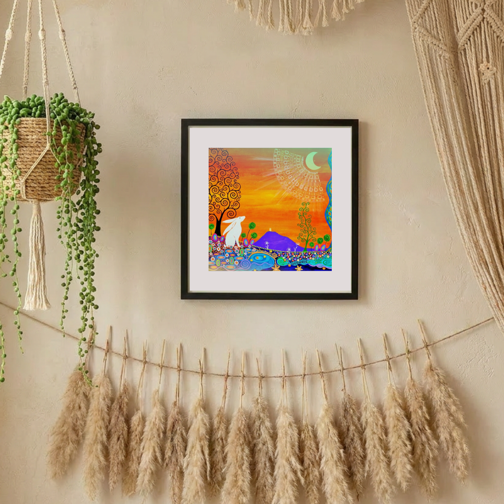 Framed colourful artwork on a wall with decorative elements like potted plants and dried grasses.