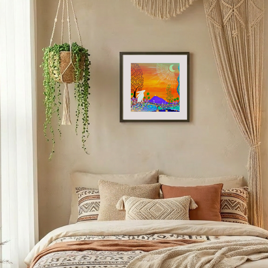 Cozy bedroom with a bed, decorative pillows, hanging plant, and wall art.