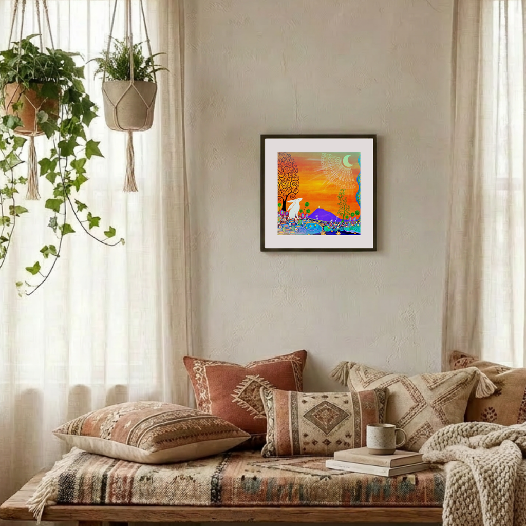 Cozy living room with patterned pillows, a coffee cup, and a colorful painting on the wall.