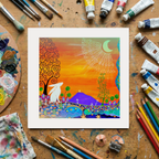 Colourful artwork of a rabbit in a fantasy landscape on a wooden table with art supplies.