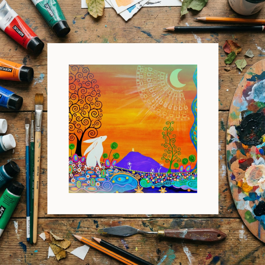 Colourful artwork of a landscape with trees and animals on a wooden table with art supplies.