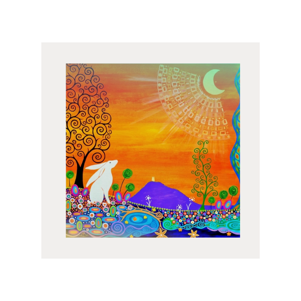 Colourful abstract artwork with a rabbit, trees, and landscape.