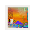 Colourful abstract artwork with a rabbit, trees, and landscape.