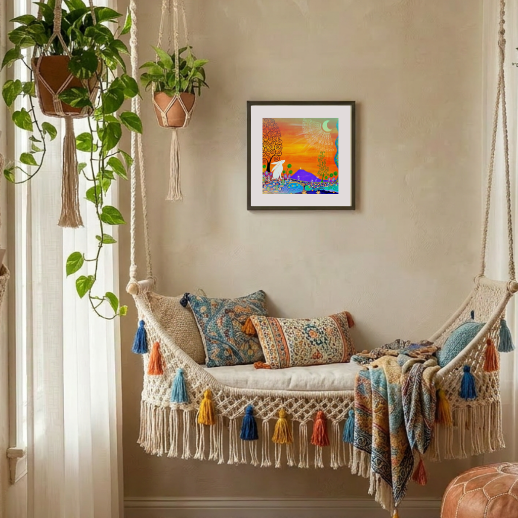 Decorative indoor swing with colourful pillows and a framed painting on the wall.