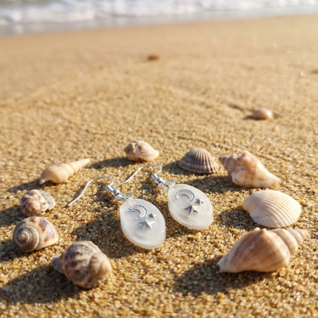 Pair of white oval earrings with stars and a moon on a sandy beach with seashells around