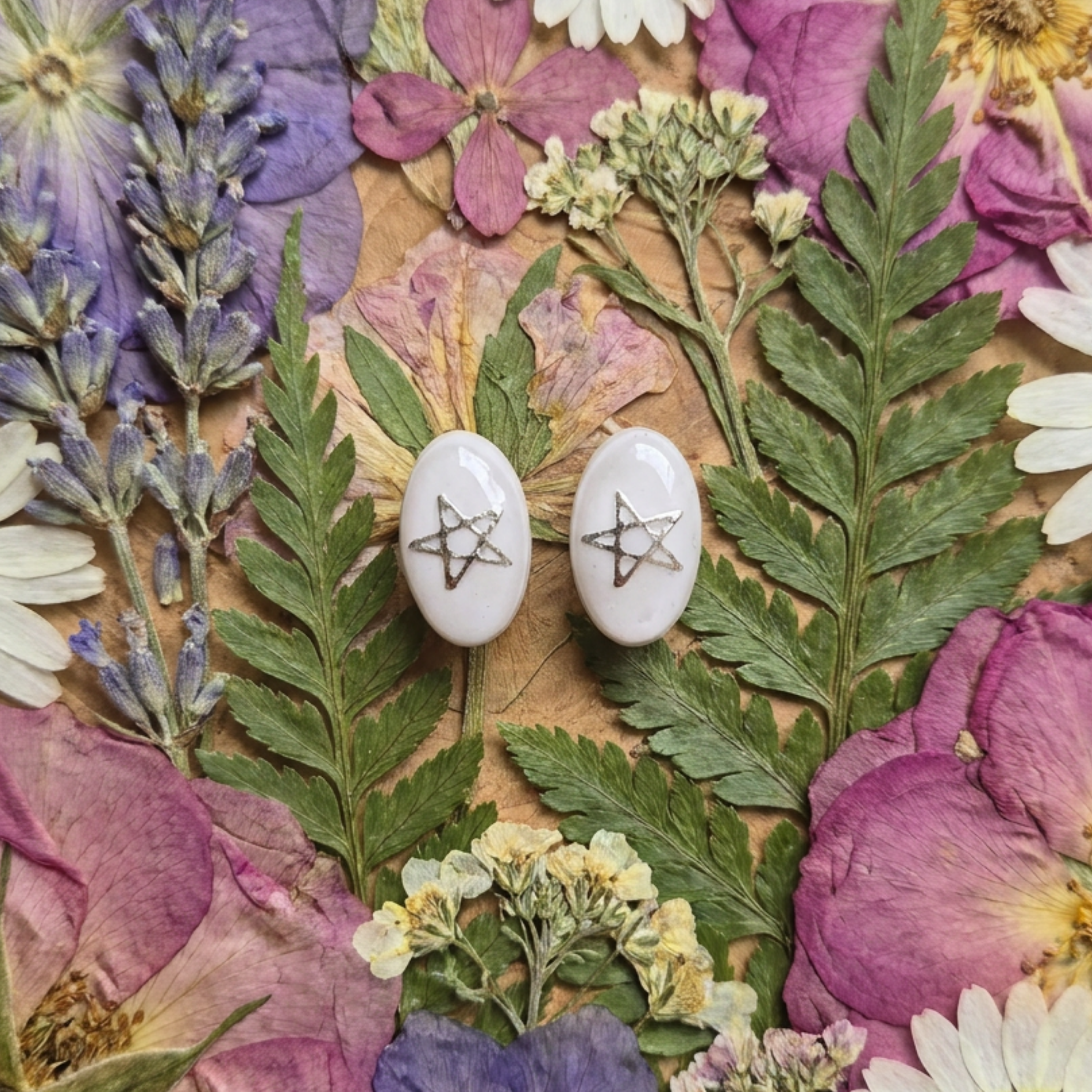 Pair of earrings with star design on a bed of dried flowers and leaves