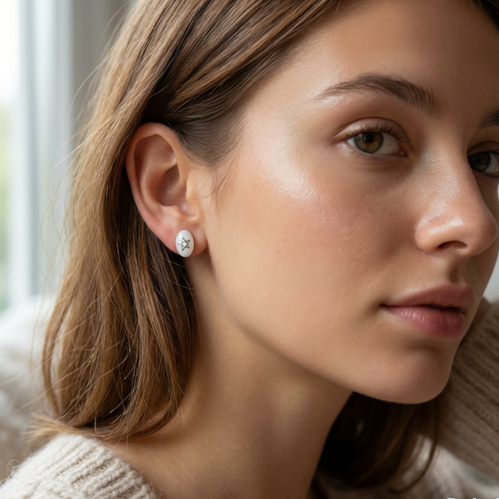 Close-up of a woman wearing a star-shaped earring.