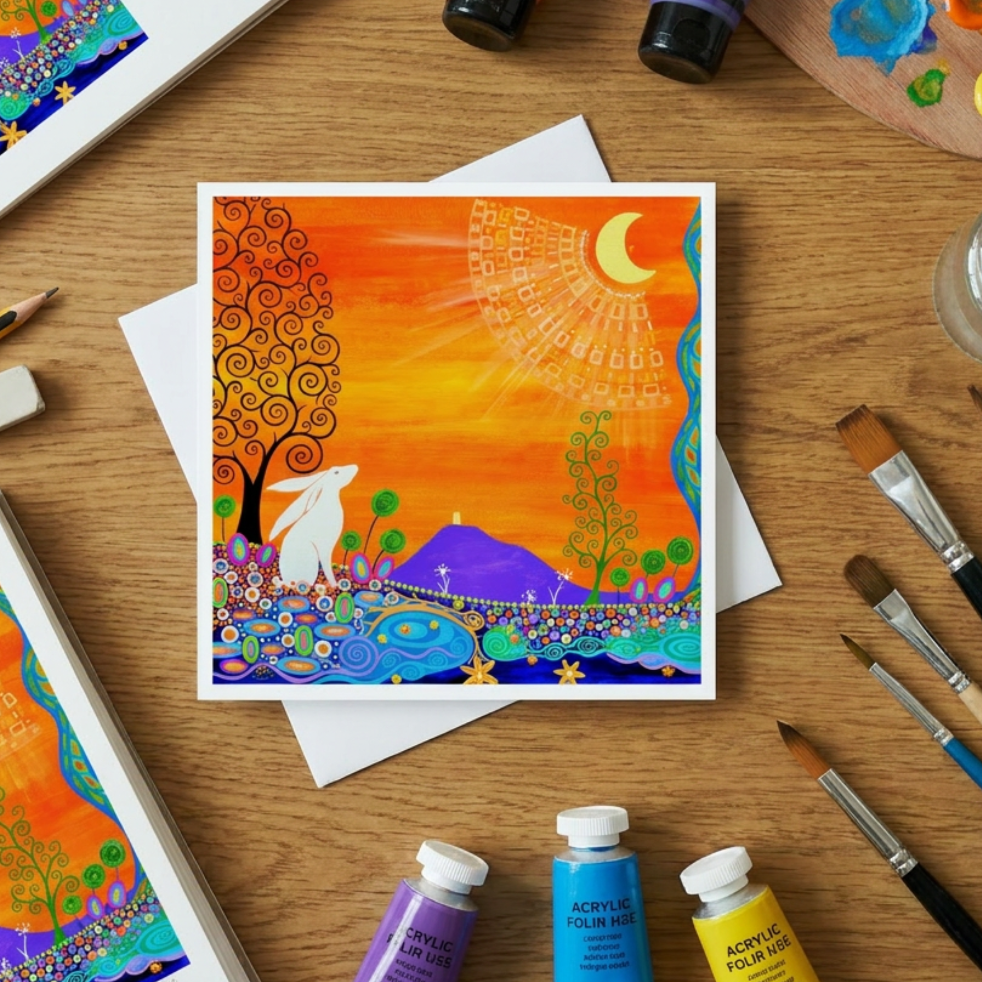 Colourful artwork on a wooden surface with art supplies