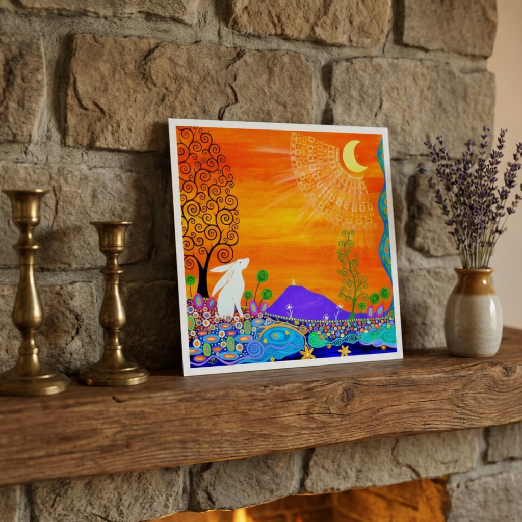 Colourful artwork of a white moon gazing hare and tree with Glastonbury Tor in the background on a wooden mantel against a stone wall.