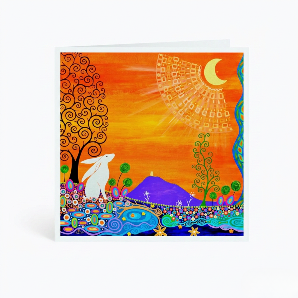 Colourful artwork with a hare, trees, and abstract designs on an orange background