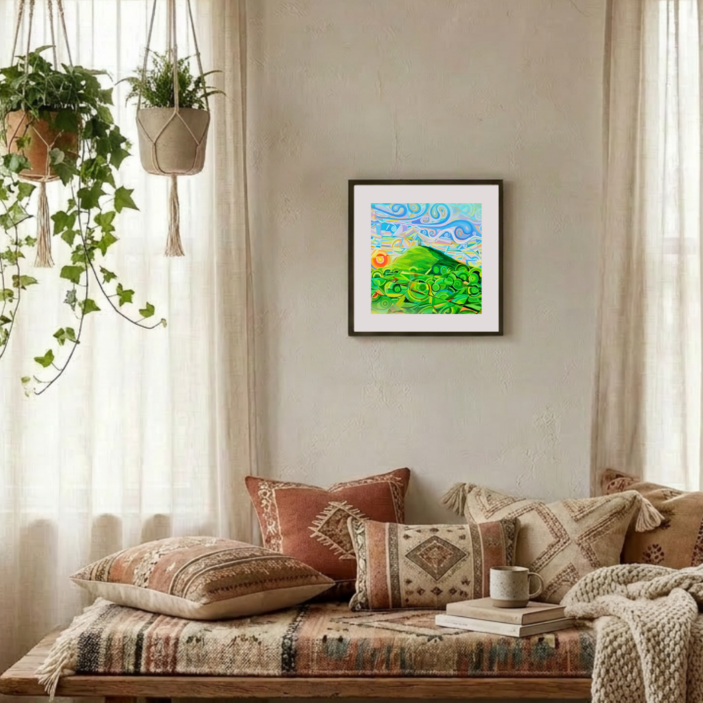 Cozy living room with patterned pillows, a blanket, and a framed painting on the wall.