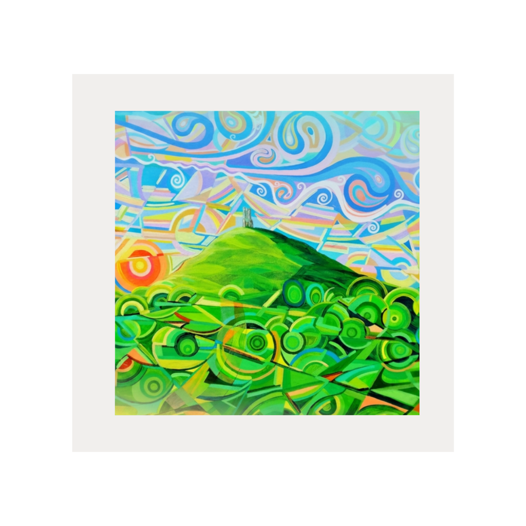 Colourful abstract painting of Glastonbury Tor with green shapes and blue wave-like patterns on a white background