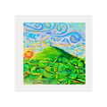 Colourful abstract painting of Glastonbury Tor with green shapes and blue wave-like patterns on a white background
