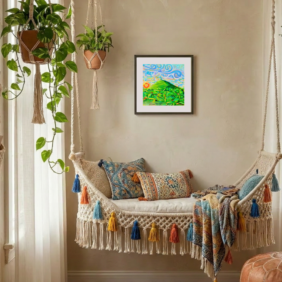 Decorative indoor swing with colourful pillows and a painting on the wall.