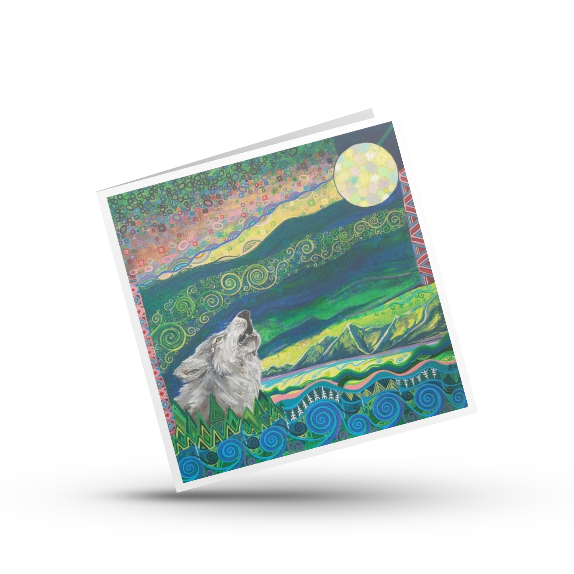 Greeting card with a wolf and colourful abstract landscape design on a white background by Mark Betson Artist