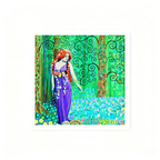 Colourful artwork of a woman in a purple dress with floral elements and a green woodland, abstract background.