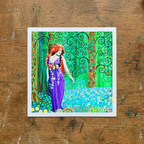 Colourful artwork of a woman in a purple dress with floral elements on a wooden surface