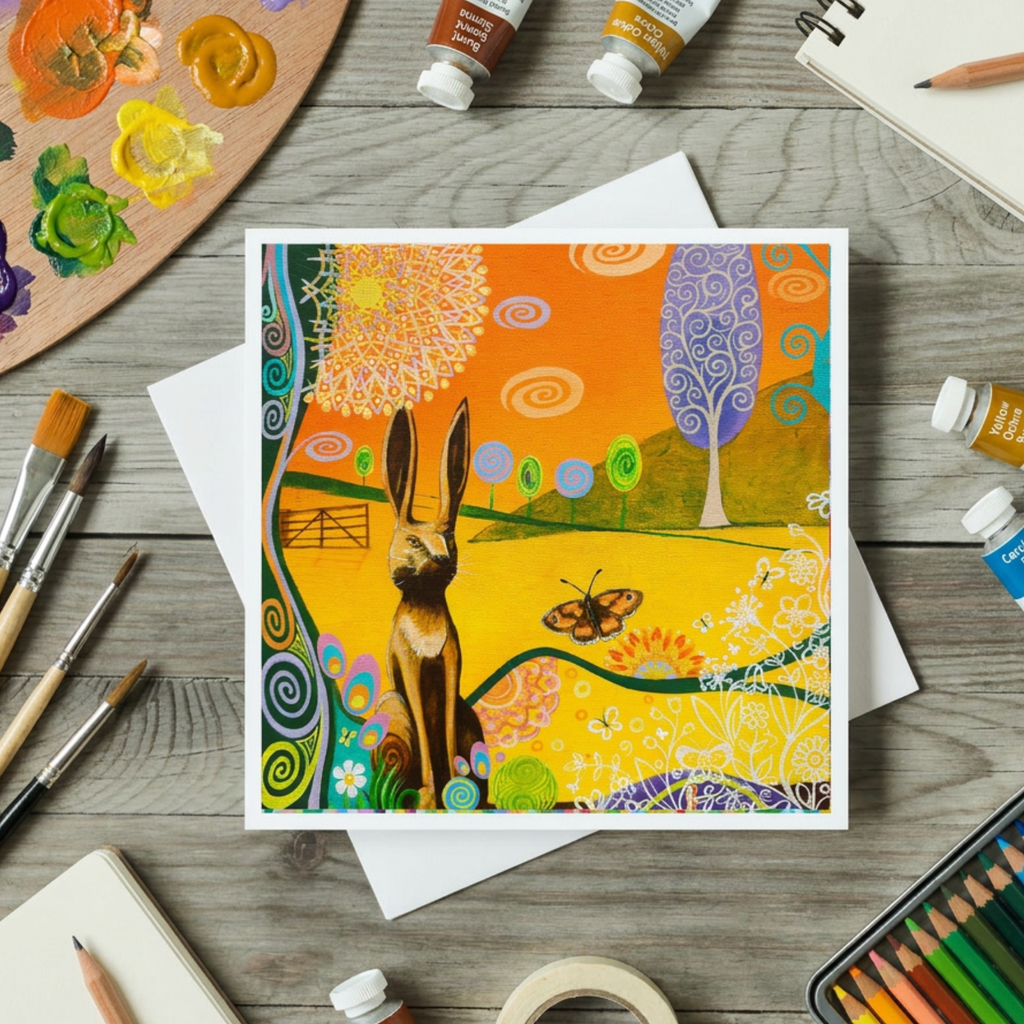 Colourful artwork of a hare sculpture and butterfly on a wooden surface with art supplies.
