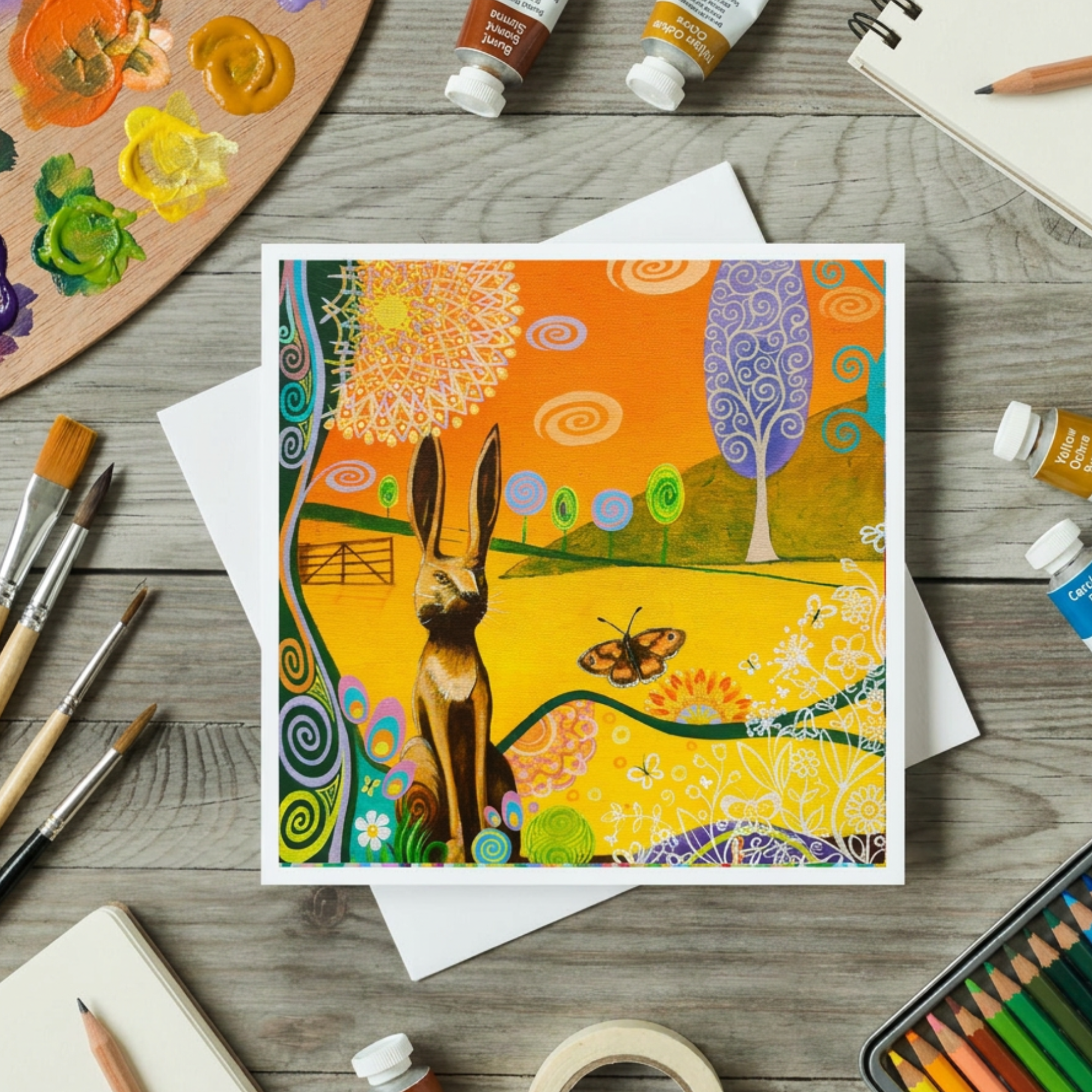 Colourful artwork of a hare sculpture and butterfly on a wooden surface with art supplies.