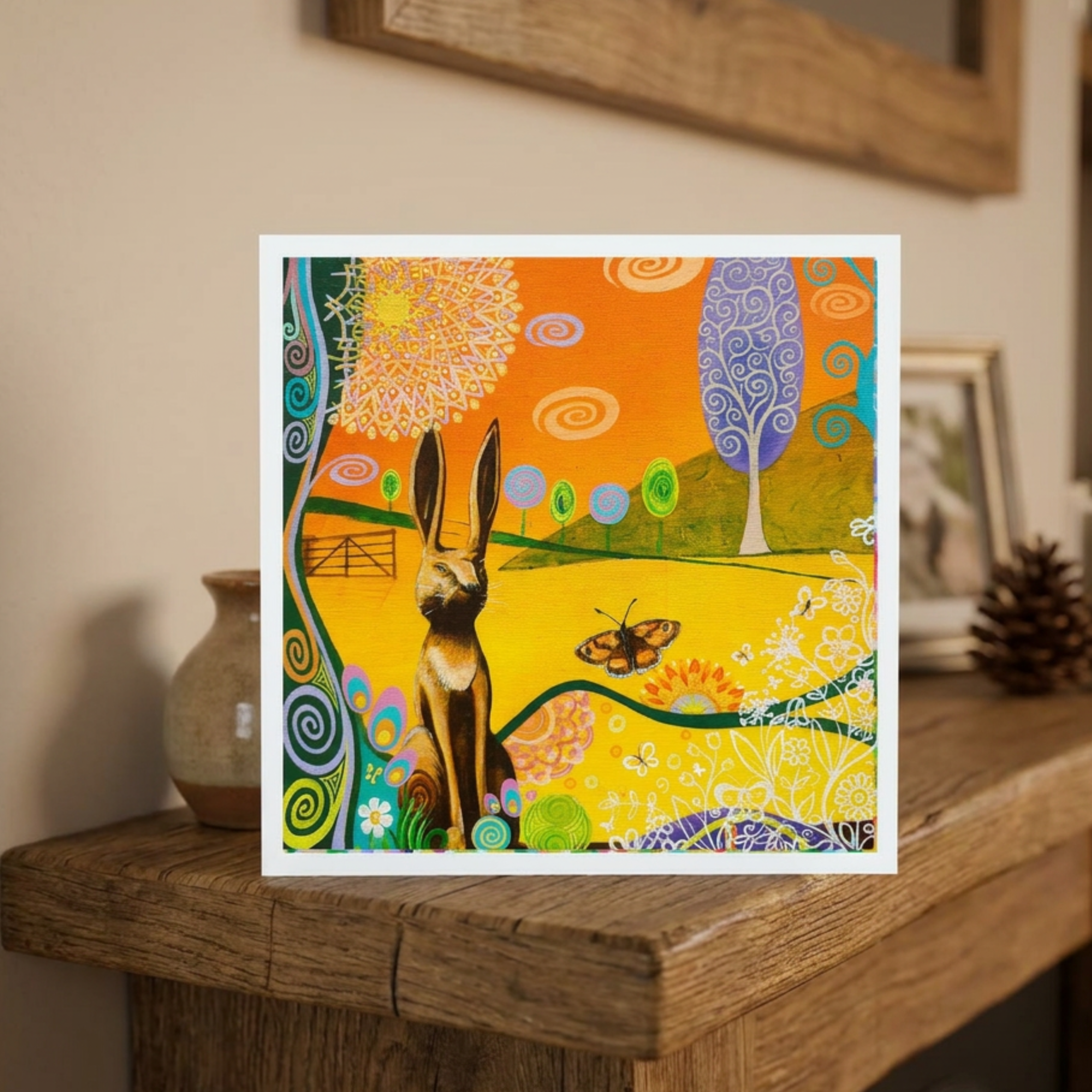 Colourful abstract artwork of a rabbit and butterfly on a wooden surface.