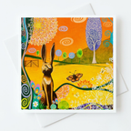 Colourful greeting card with a hare sculpture and butterfly design on a white background