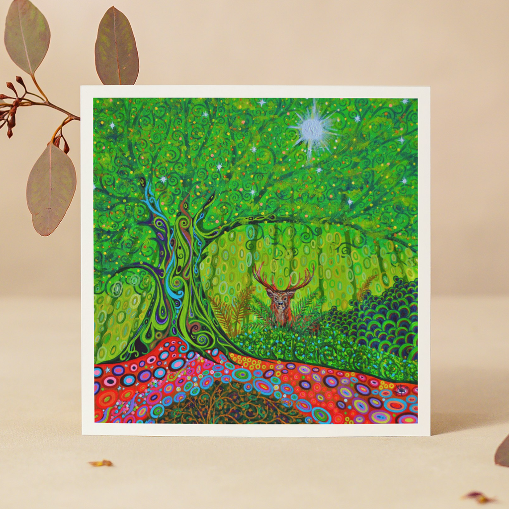 Framed artwork of a colorful forest scene with a deer, on a beige background.