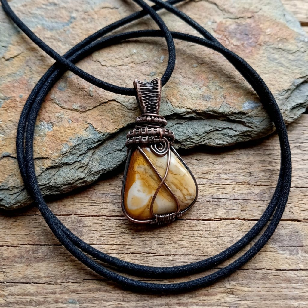 Necklace with a pendant on a stone and wooden surface