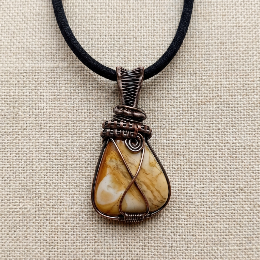 Yellow Picture Jasper Copper Wire Wrapped Pendant Necklace, Handmade Gemstone Statement Pendant, One of a Kind Gift