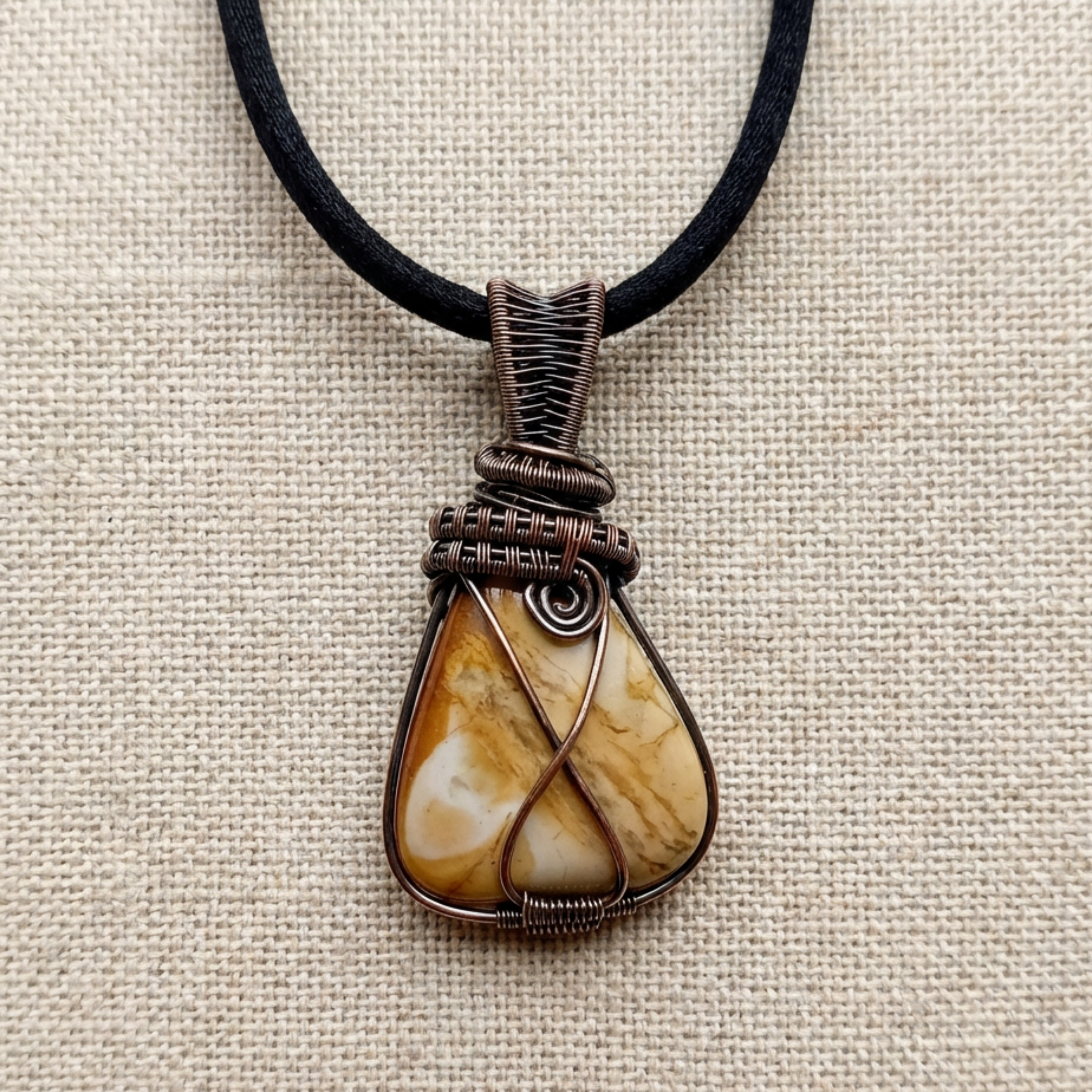 Yellow Picture Jasper Copper Wire Wrapped Pendant Necklace, Handmade Gemstone Statement Pendant, One of a Kind Gift