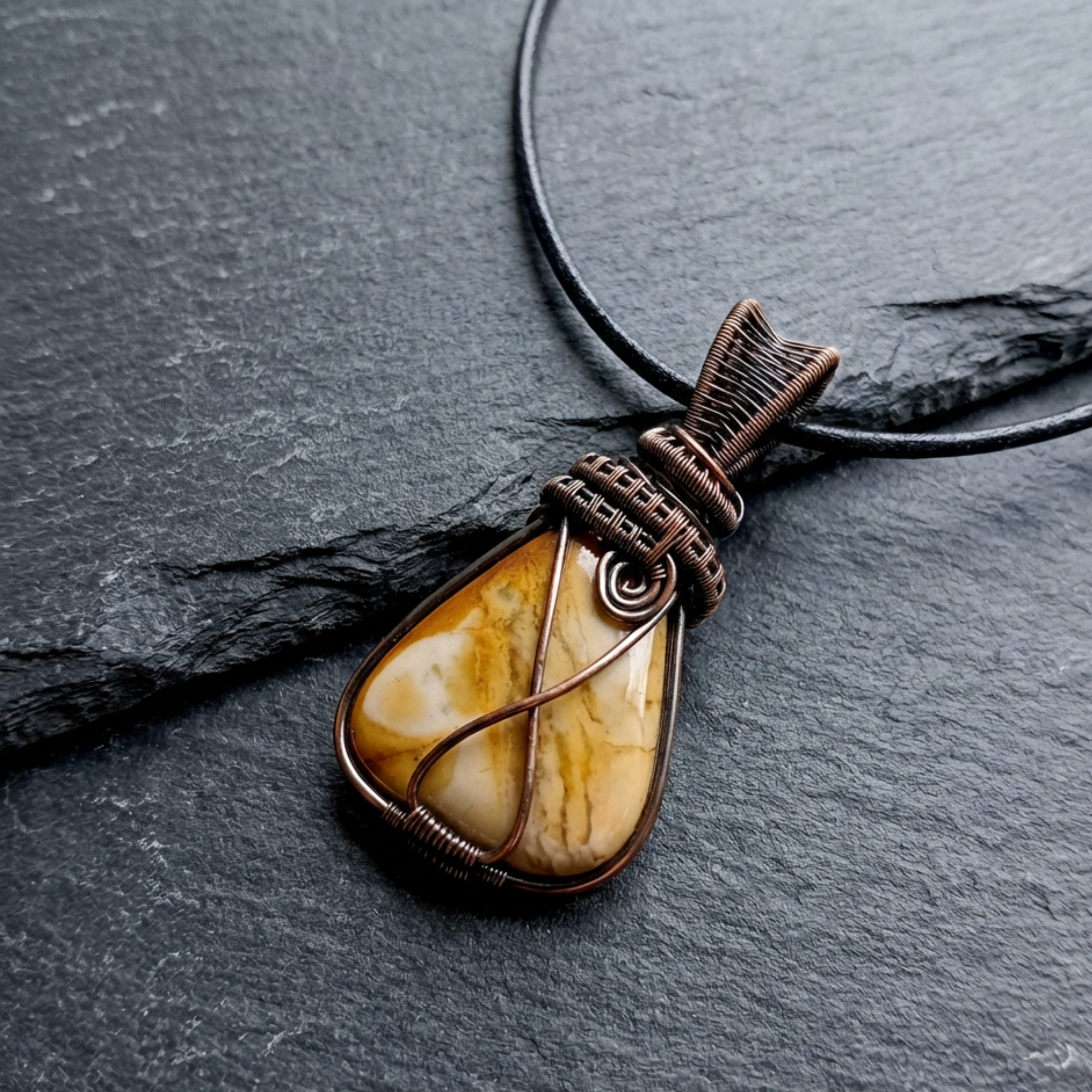 Necklace with a pendant featuring a stone and copper wire wrapping on a dark surface