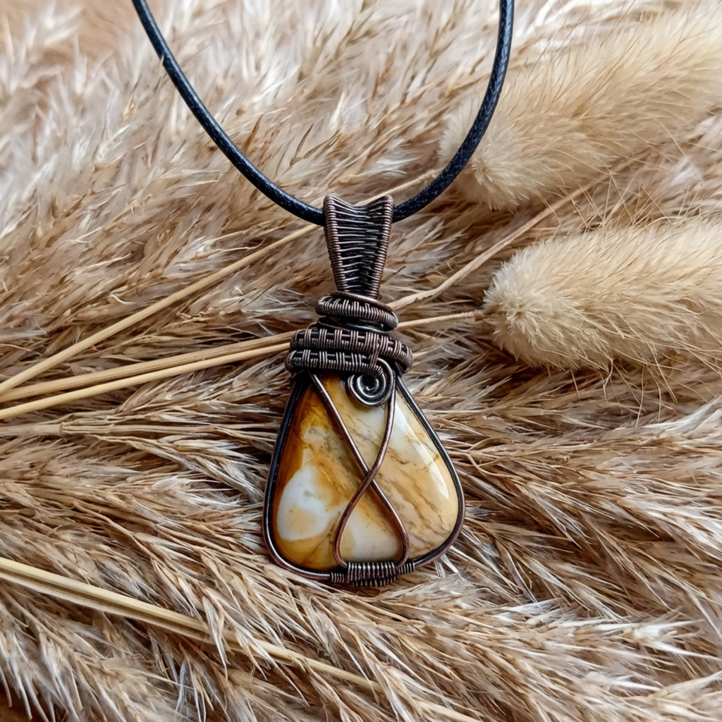 Necklace with a brown and beige pendant on a textured fur background