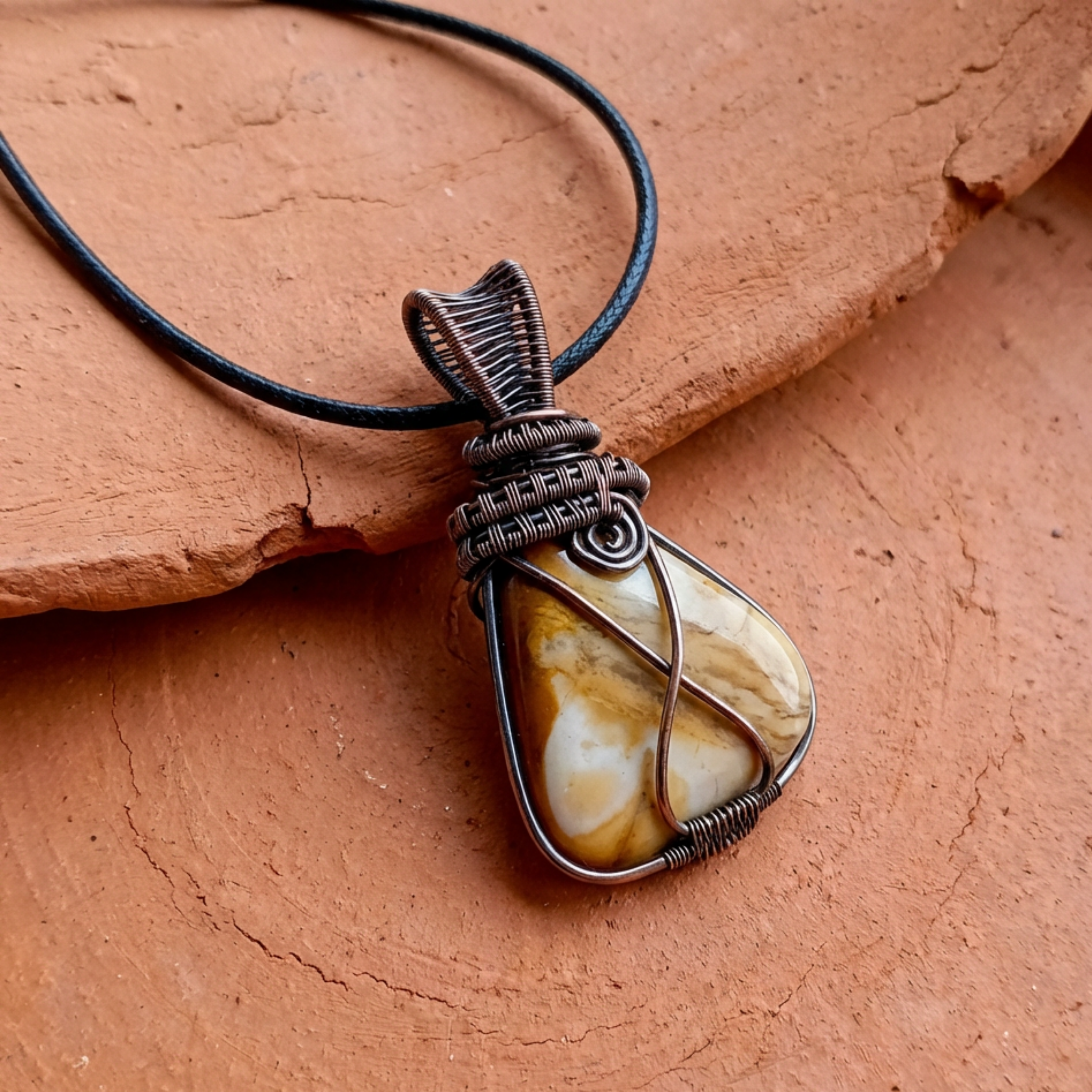 Necklace with a pendant featuring a brown and white stone on a brown surface