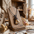 Necklace with a stone pendant on a wooden stand in a cozy interior setting.
