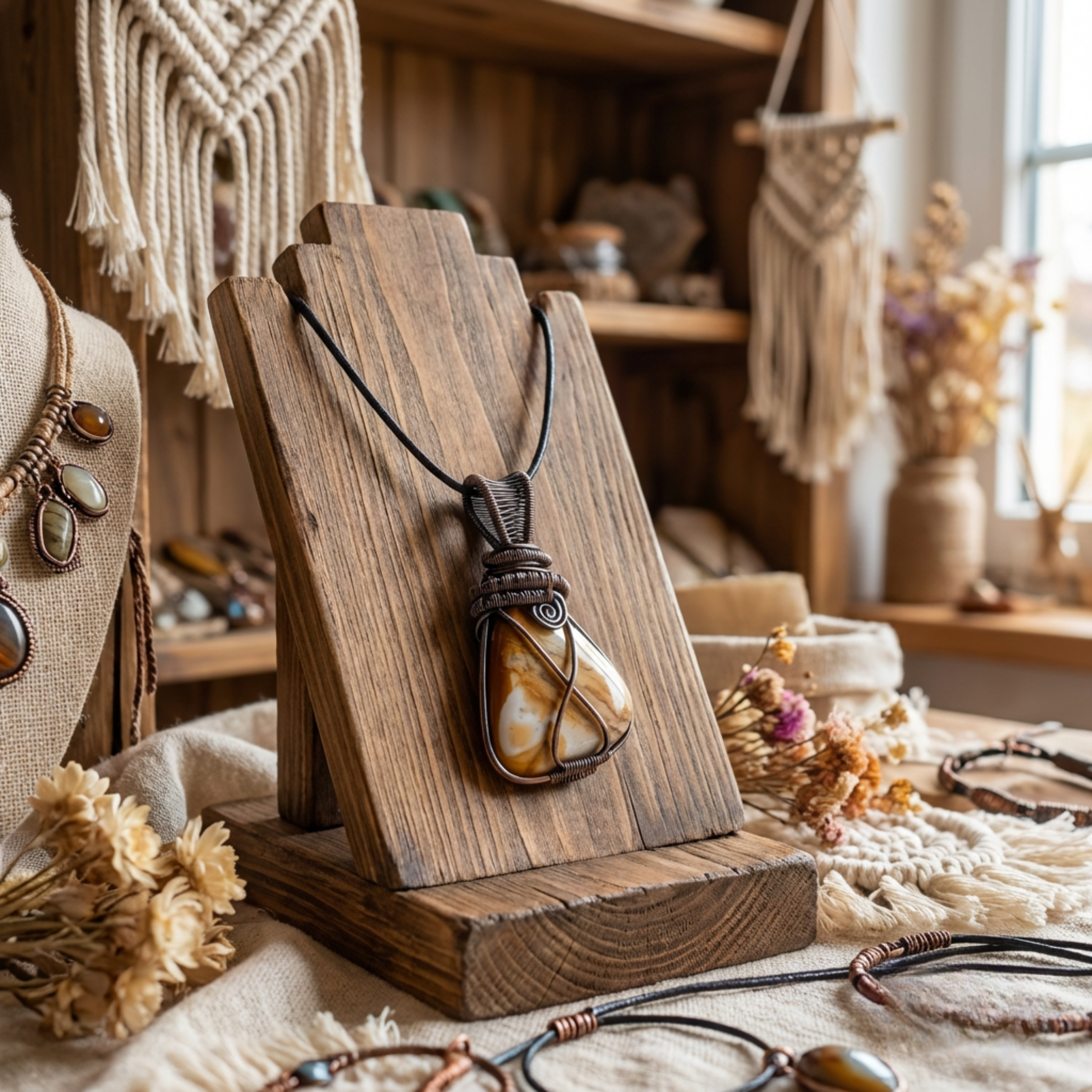Necklace with a stone pendant on a wooden stand in a cozy interior setting.