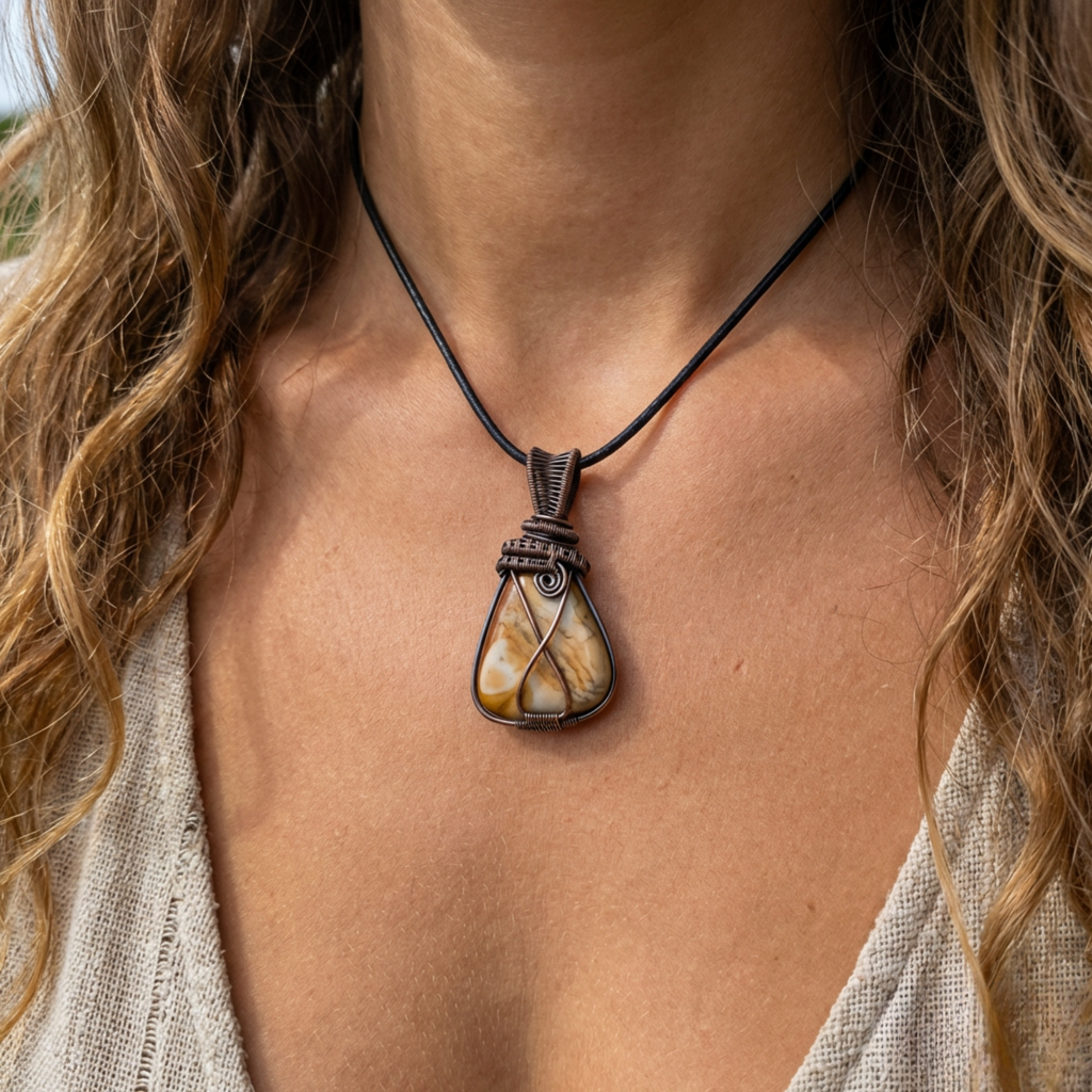 Necklace with a pendant worn by a person with wavy hair.
