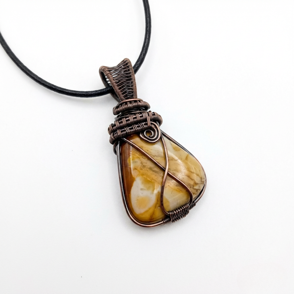 Necklace with a stone pendant wrapped in copper wire on a white background
