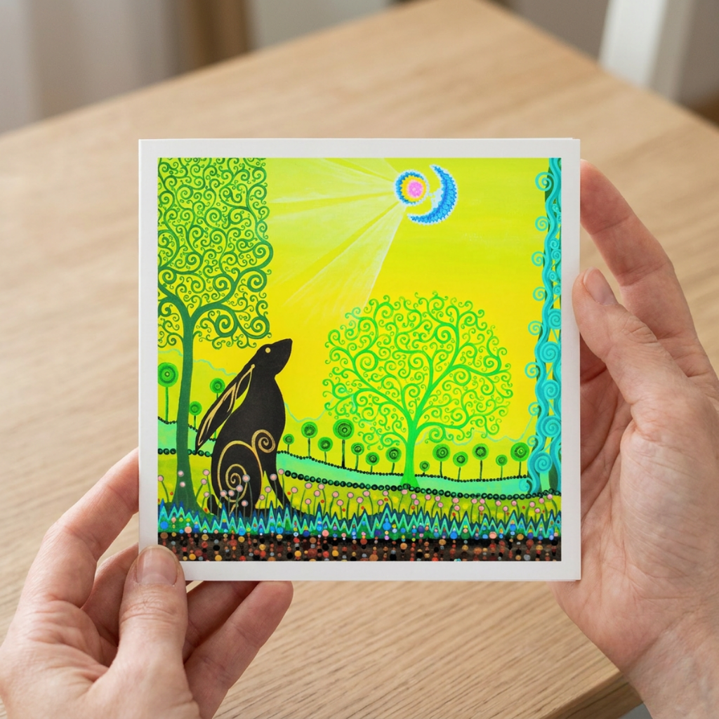 Person holding a colourful card with a stylized illustration of a hare and trees on a wooden surface.