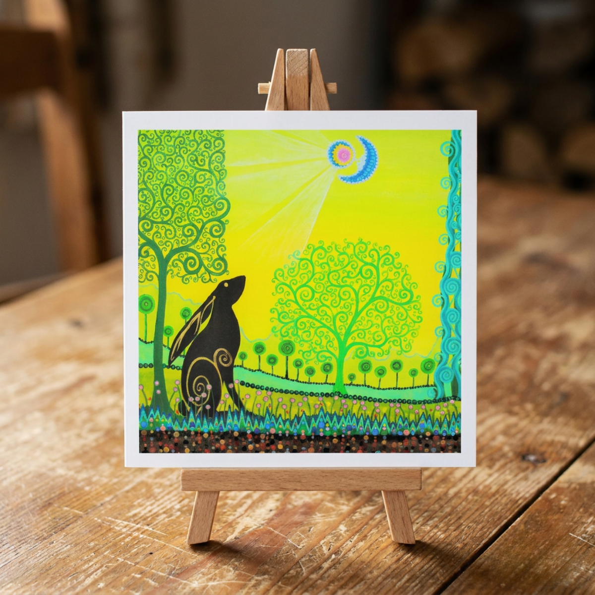 Colorful artwork of a rabbit and trees on a small easel against a wooden background