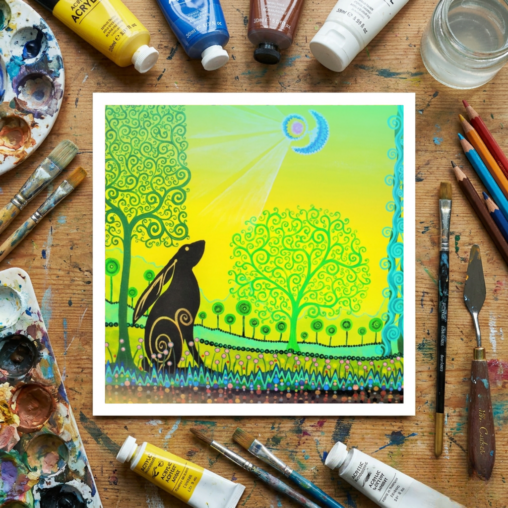 Colourful artwork of a rabbit and trees on a wooden surface with art supplies.