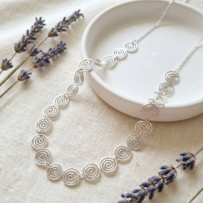 Celtic Silver Spiral Necklace with Half Chain, Handmade Wire Jewellery, Gift for Her