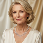 Woman wearing a silver spiral statement necklace against a beige curtain background