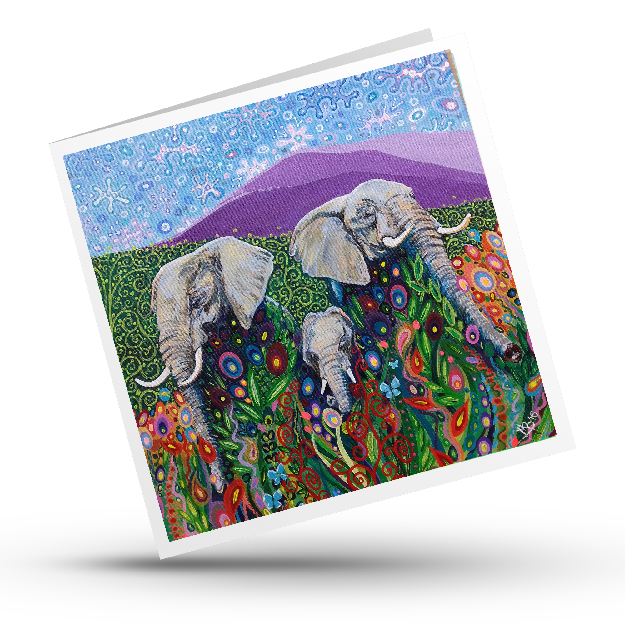 Colorful greeting card with elephants and floral design on a white background