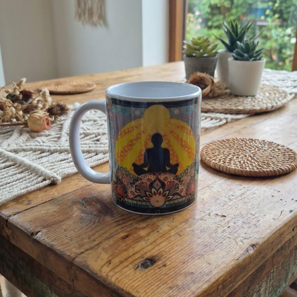 Mug with a Buddha design on a wooden table with plants in the background