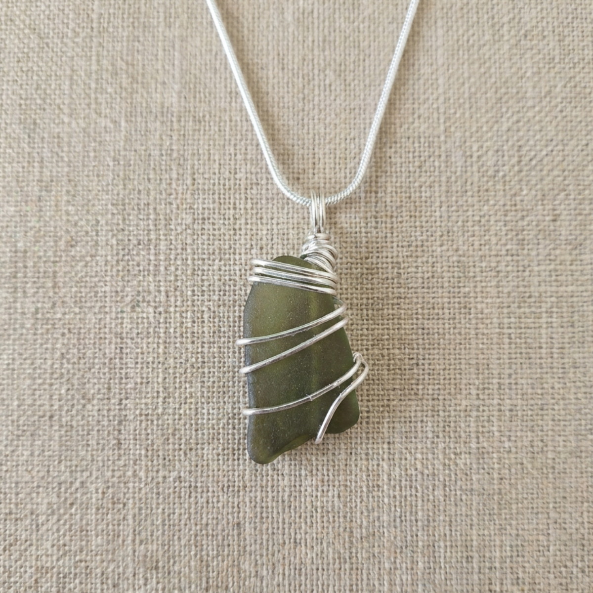 Silver Wrapped Green Sea Glass Pendant, Handmade Boho Silver Pendant, Gift for Her