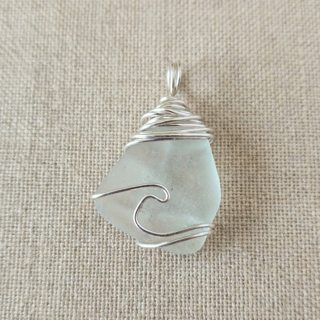 Silver Wrapped Blue Sea Glass Wave, Handmade Boho Silver Pendant, Gift for Her