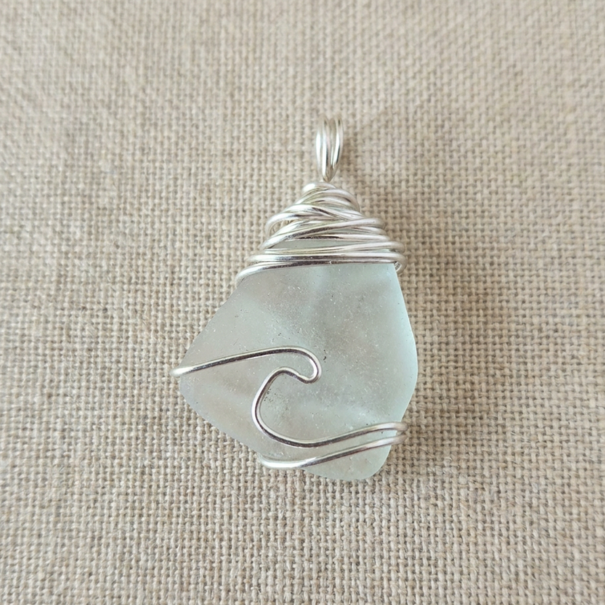 Silver Wrapped Blue Sea Glass Wave, Handmade Boho Silver Pendant, Gift for Her
