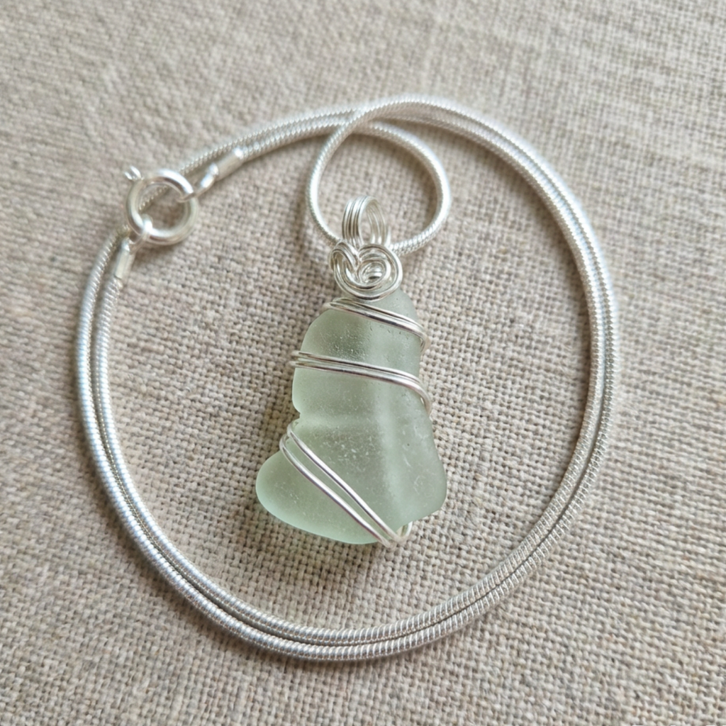 Silver Wrapped Blue Sea Glass Spiral, Handmade Boho Silver Pendant, Gift for Her