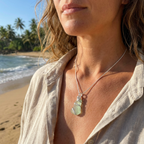 Silver Wrapped Blue Sea Glass Spiral, Handmade Boho Silver Pendant, Gift for Her