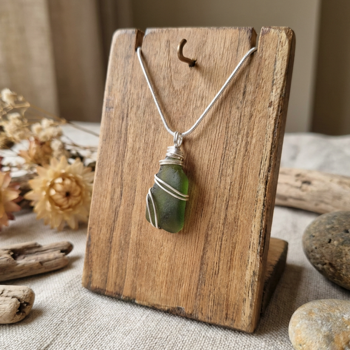 Silver Wrapped Green Sea Glass, Handmade Boho Silver Pendant, Gift for Her